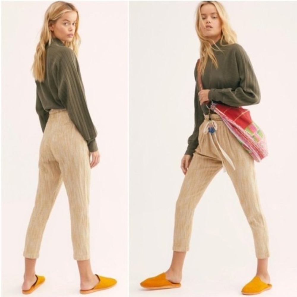 Free People Beige Moss "Light at‎ Sunrise" Striped Boho Cropped Jogger Pants